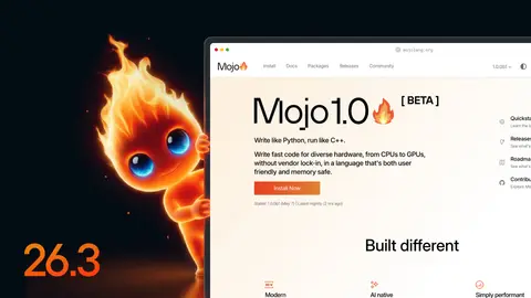 Modular 26.3 / Mojo 1.0 Beta release cover graphic with the Mojo flame logo