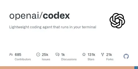 GitHub card for the openai/codex terminal coding agent repository