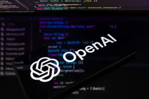OpenAI logo over a background of source code