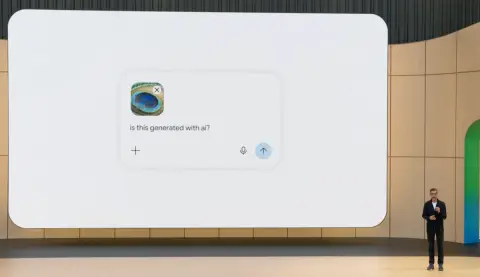 Google DeepMind SynthID watermarking diagram at a developer conference