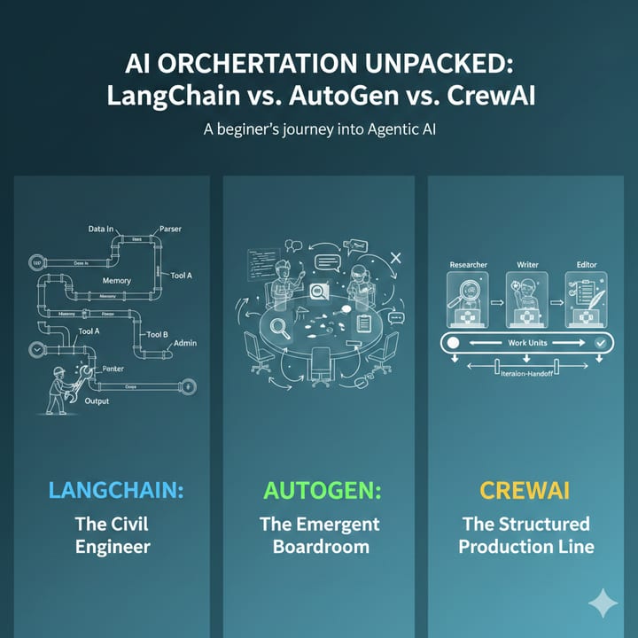 LangChain vs LlamaIndex vs CrewAI vs AutoGen — diagram