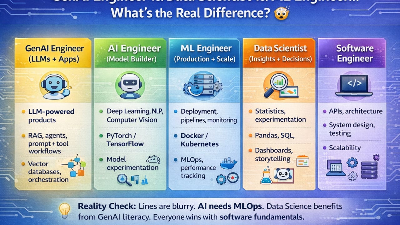 AI Engineer vs ML Engineer vs Data Scientist — diagram