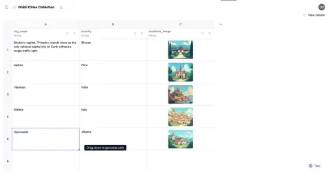 An AI Sheets spreadsheet called Ghibli Cities Collection with city_name, country and landmark_image columns, where each row has a generated Ghibli-style illustration of the city and a Drag down to generate cells tooltip under the last row