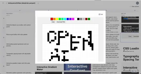 An AI Sheets sheet on the dvilasuero/JSVibes dataset comparing model outputs column by column, with one generated cell expanded to show a working pixel-art grid editor with a colour palette