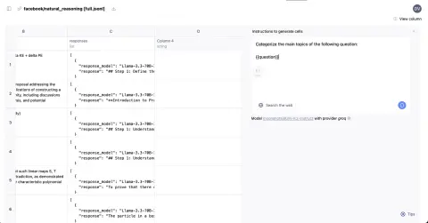 AI Sheets with the facebook/natural_reasoning dataset loaded and a side panel titled Instructions to generate cells containing the prompt Categorize the main topics of the following question: {{question}}, a Search the web toggle and the model moonshotai/Kimi-K2-Instruct with provider groq