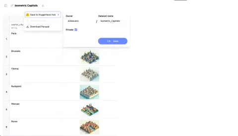 The AI Sheets export menu for a sheet named Isometric Capitals, with Save to Hugging Face Hub, Download CSV and Download Parquet options and a form for the owner, dataset name and a Private checkbox