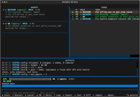 The bernstein live terminal dashboard with agents and their logs on the left, the task board on the right, and an activity feed and cost line below