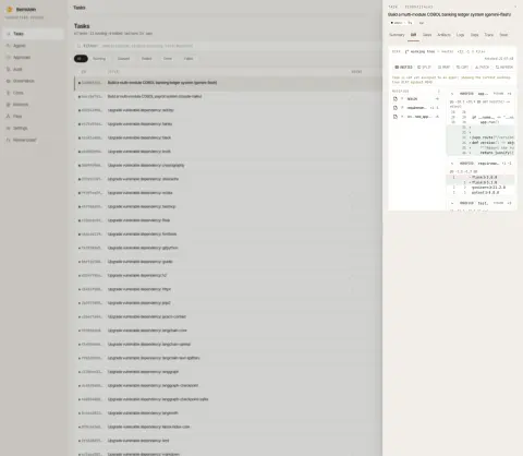 Bernstein's browser dashboard listing sixty-two tasks with one task opened to its working-tree diff