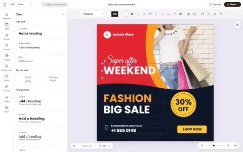The Doory editor with a fashion sale poster on the canvas, the Text panel open on the left and the formatting toolbar above the page