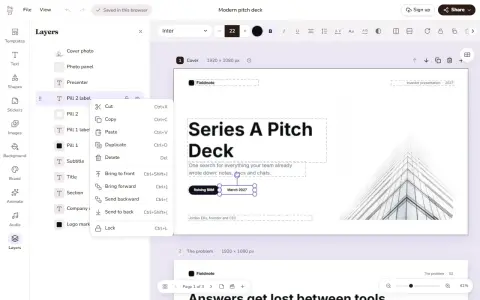 The Layers panel in Doory with a right-click menu for copy, duplicate and arrange, beside a multi-page pitch deck