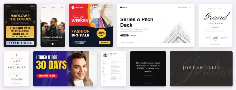 A collage of Doory's ten starter templates, including a tour poster, an event story, a sale post, a pitch deck, a wedding invitation, a YouTube thumbnail and a resume