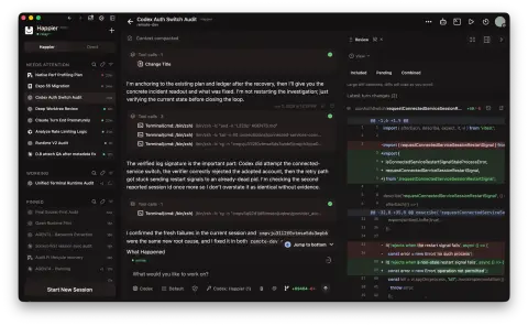 Happier desktop app with a sidebar of sessions grouped into Needs attention, Working and Pinned, a Codex session transcript in the middle and a diff review pane on the right