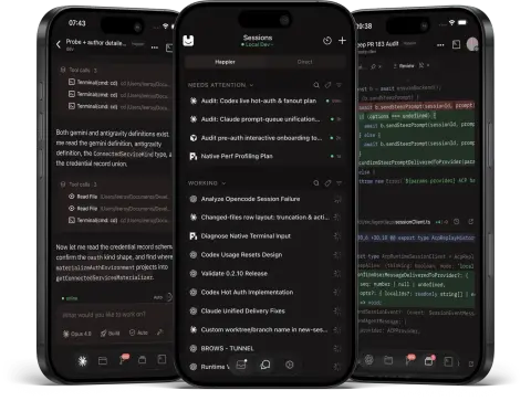 Three phones running the Happier mobile app, showing an agent transcript with tool calls, the sessions list and a code diff under review