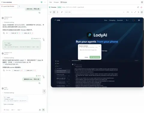 Lody preview pane showing a running website with a selected heading and a Preview comment box, next to the conversation where the element annotation is sent to the agent