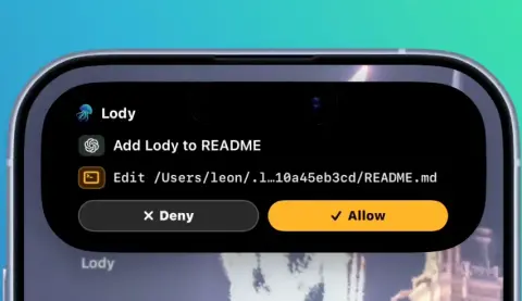 iPhone Live Activity from Lody asking to allow or deny an agent's edit to a README file