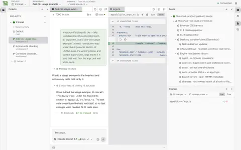 The ThinkRail workbench: a projects pane listing worktree workspaces, a finished pi conversation with its tool steps in the centre, the resulting diff of args.ts beside it, and the Specs tree above the Changes list on the right