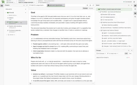 ThinkRail's Specs tool open on the right edge, listing the project's spec tree, while the product goal spec is rendered as a document in the editor