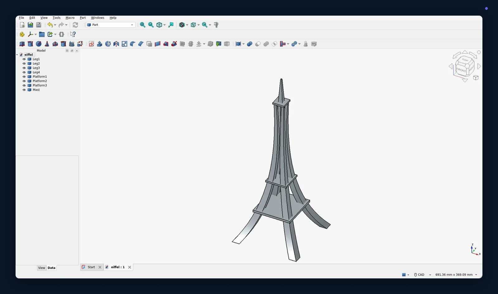 FreeCAD window showing a 3D Eiffel Tower model with four curved legs, three square platforms and a mast, and a model tree listing Leg1 to Leg4, Platform1 to Platform3 and Mast.