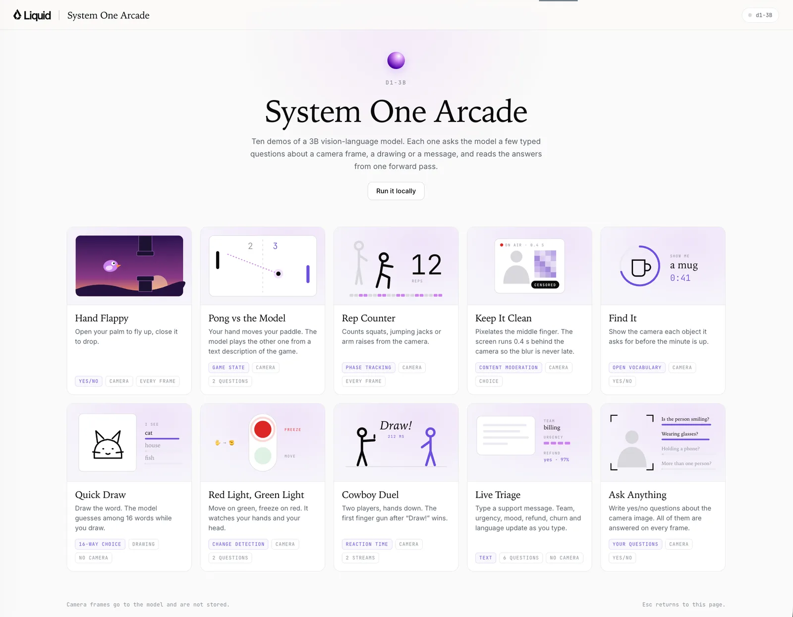 Screenshot of Liquid's System One Arcade Hugging Face Space: ten demo cards for d1-3B, including Hand Flappy, Pong vs the Model, Rep Counter, Keep It Clean, Find It, Quick Draw, Red Light Green Light, Cowboy Duel, Live Triage and Ask Anything, each tagged with its question type and input such as camera, drawing or text.