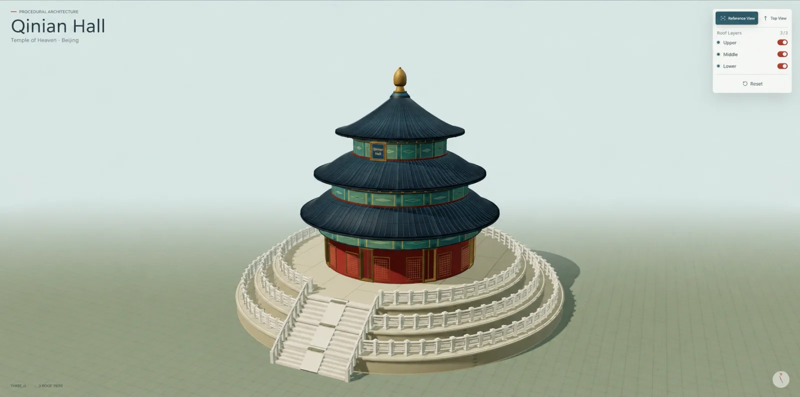 A Three.js reconstruction of Qinian Hall at Beijing's Temple of Heaven, with three blue roof tiers on a white marble terraced base and a panel toggling the upper, middle and lower roof layers