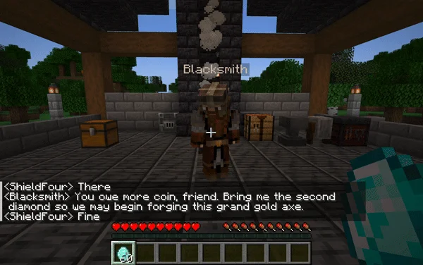A Minecraft-style blacksmith character in a forge, with chat lines in which the blacksmith asks the player for a second diamond before forging a gold axe.