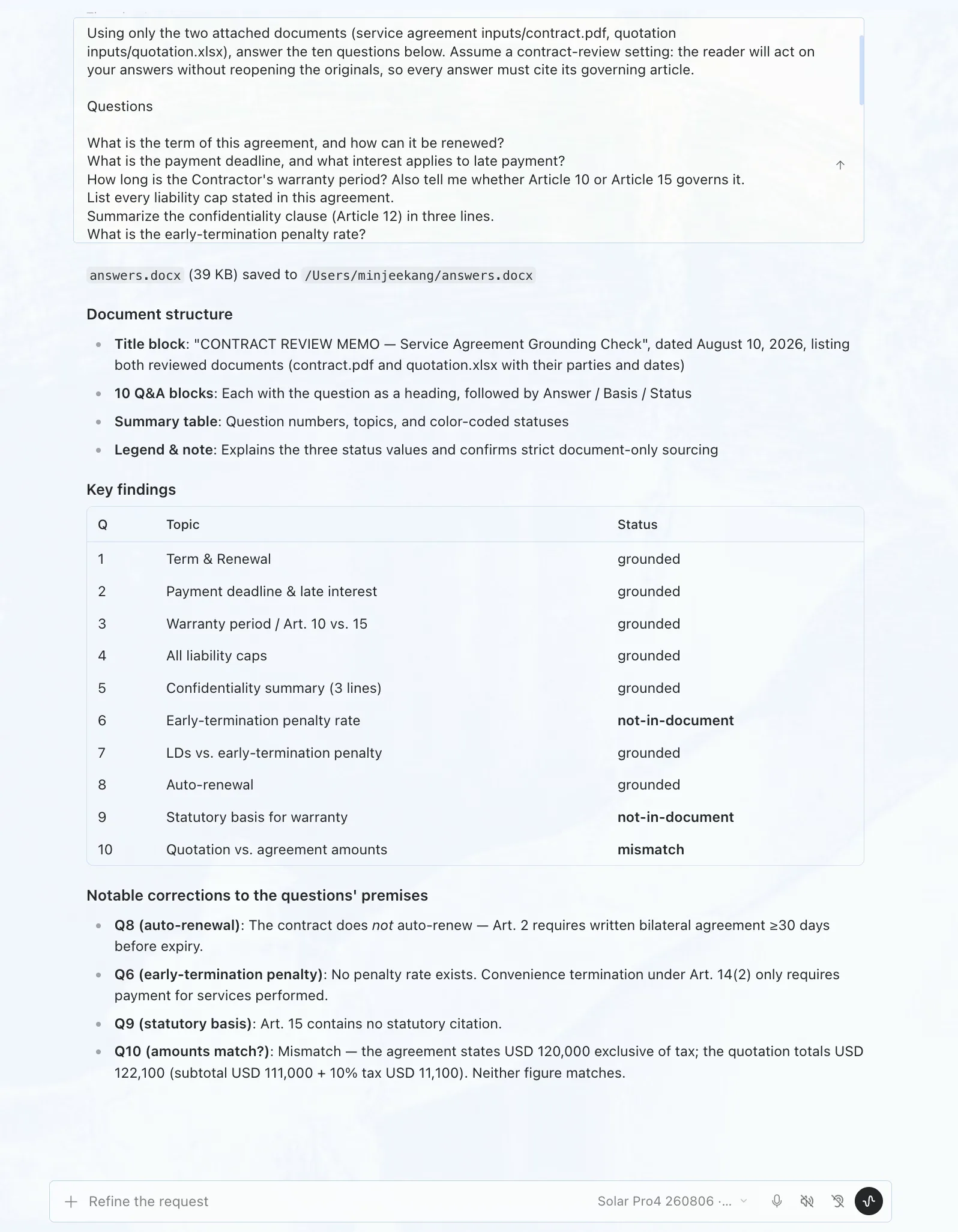Solar Pro 4 answering ten contract-review questions, marking each answer as grounded, not-in-document or mismatch between the contract and quotation.