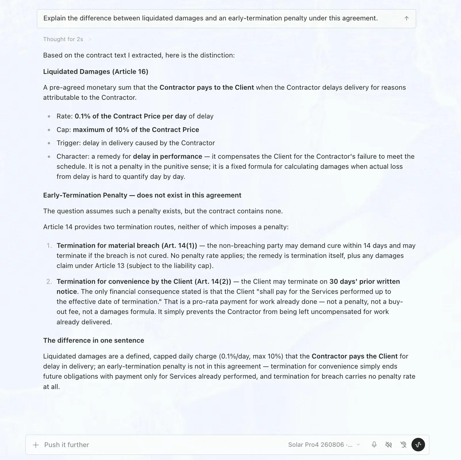 Solar Pro 4 explaining liquidated damages under Article 16 and stating that the agreement contains no early-termination penalty.