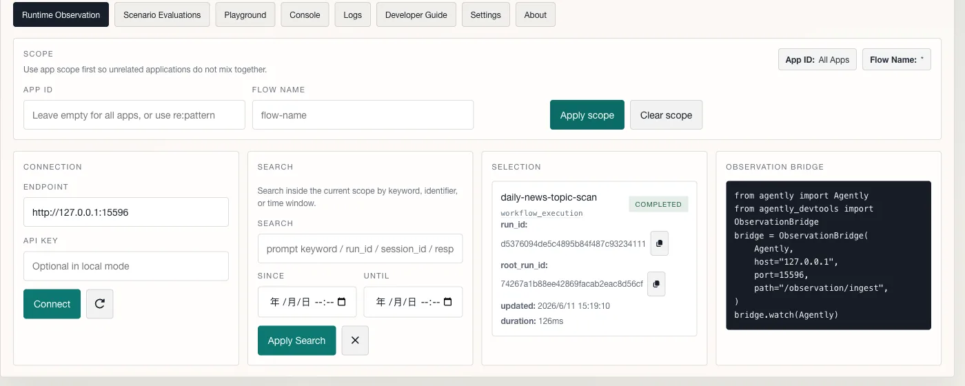 The Agently DevTools Runtime Observation console with scope filters, a connection panel pointing at a local endpoint, a search box, a selected completed workflow run named daily-news-topic-scan with its run ids and 126 ms duration, and an ObservationBridge code snippet