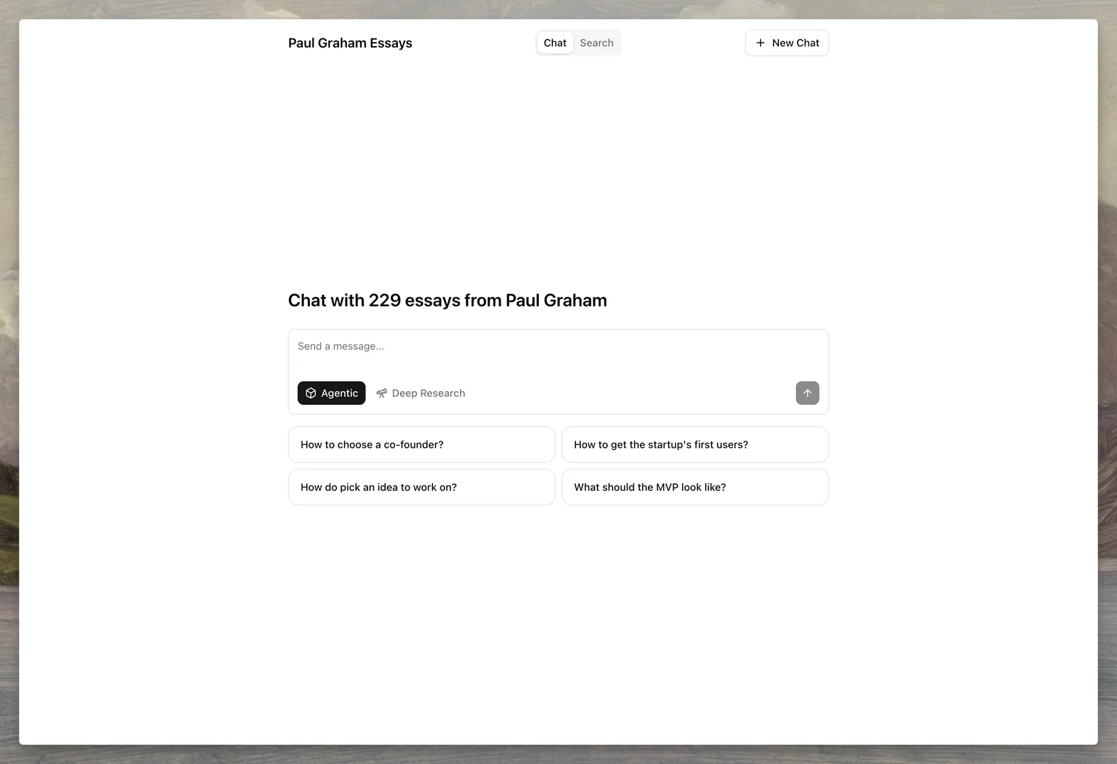 An Agentset hosted chat page titled Chat with 229 essays from Paul Graham, with Chat and Search tabs, a message box and four example questions