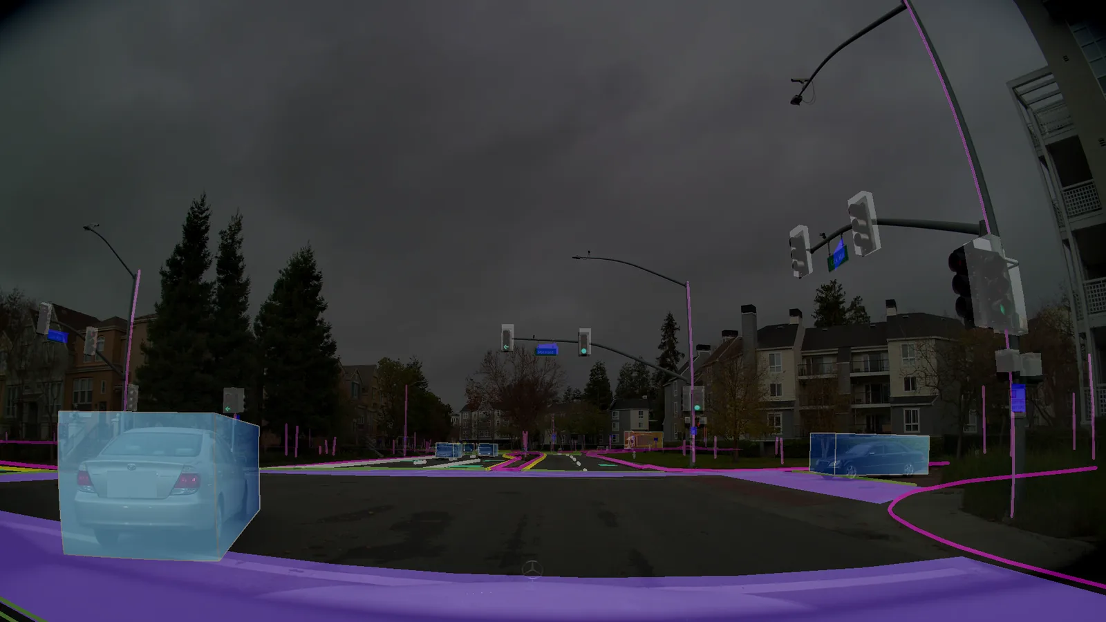 A camera frame of an intersection with the HD map conditioning render overlaid: lane lines, road surface, traffic lights and vehicle cuboids