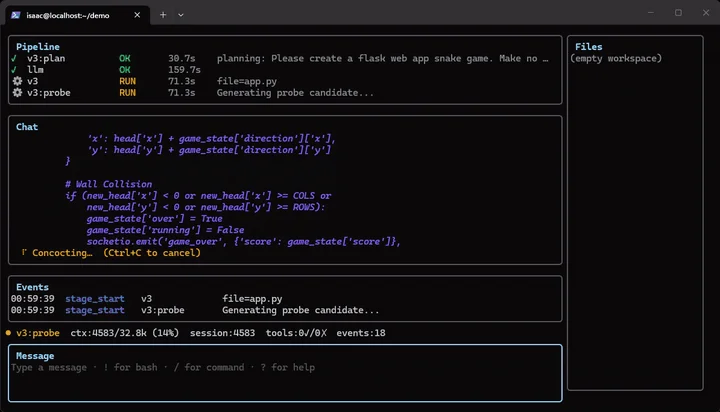 The ATLAS terminal UI mid-task: the Pipeline pane shows v3:plan and llm stages done and v3:probe running on app.py, the Chat pane streams Python code for a Flask snake game, with Events, stats and Message panes below and an empty Files sidebar
