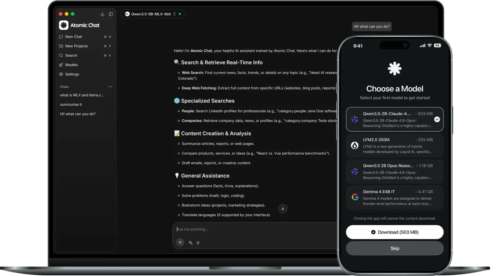 Atomic Chat desktop window chatting with a local Qwen MLX model, beside the mobile app's Choose a Model screen