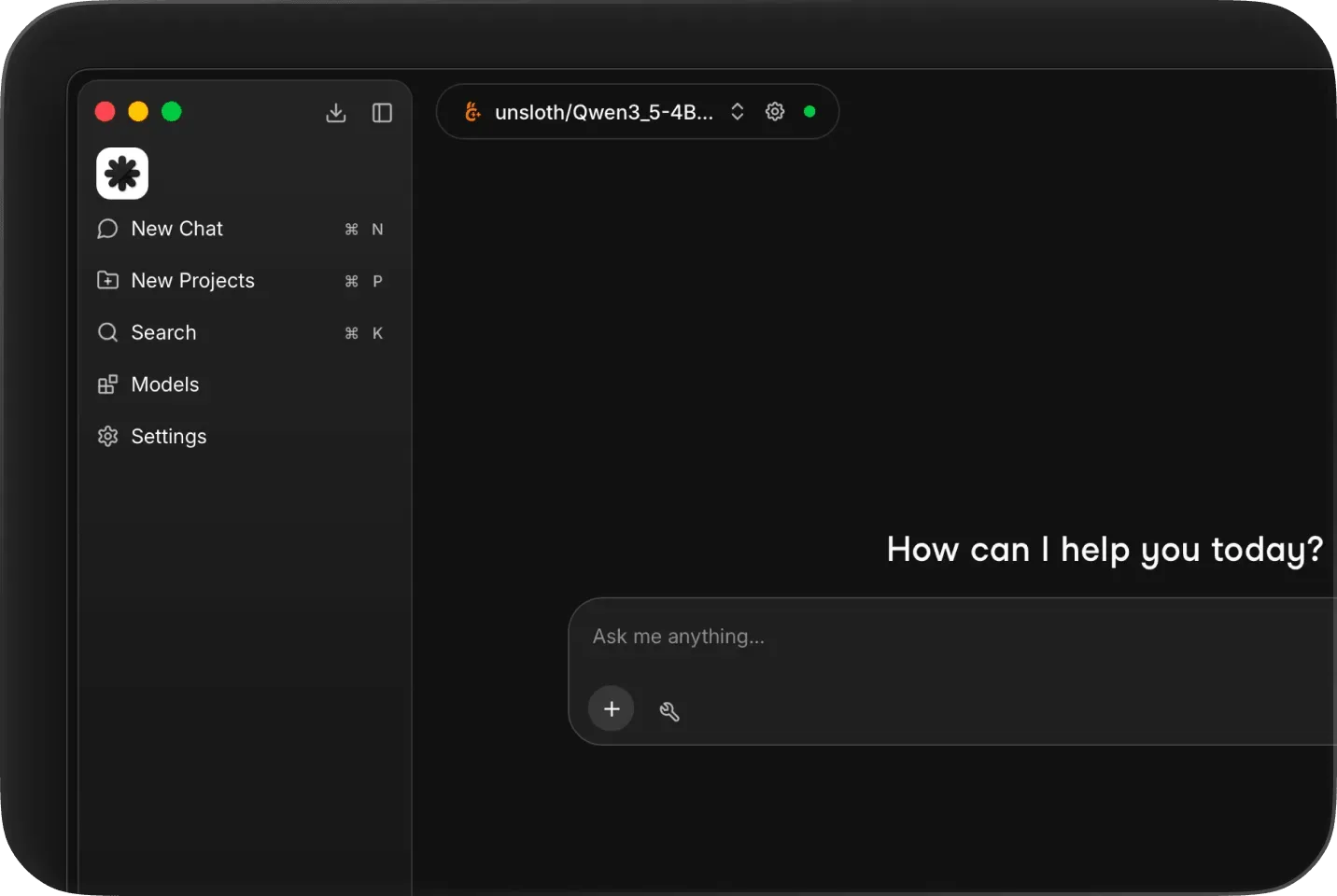 Atomic Chat's empty chat screen with a local Qwen model selected in the model switcher