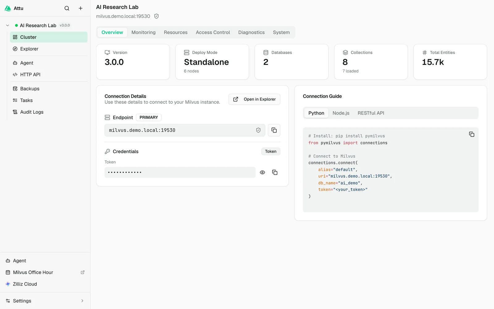 Attu 3.0 cluster overview dashboard for a connected Milvus cluster