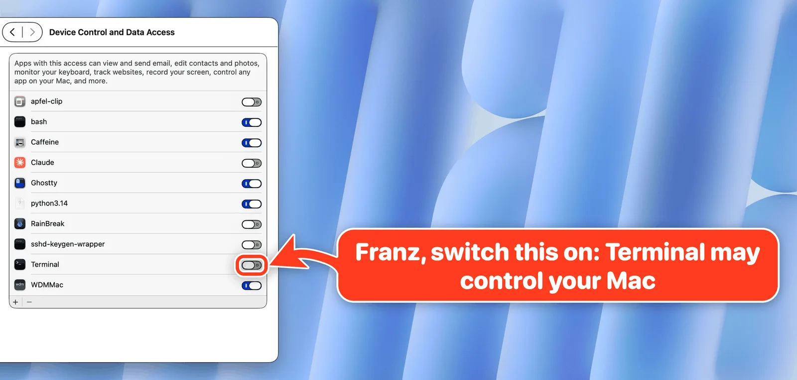 macOS System Settings privacy pane with a bigarrow sign pointing at the switch that lets Terminal control the Mac