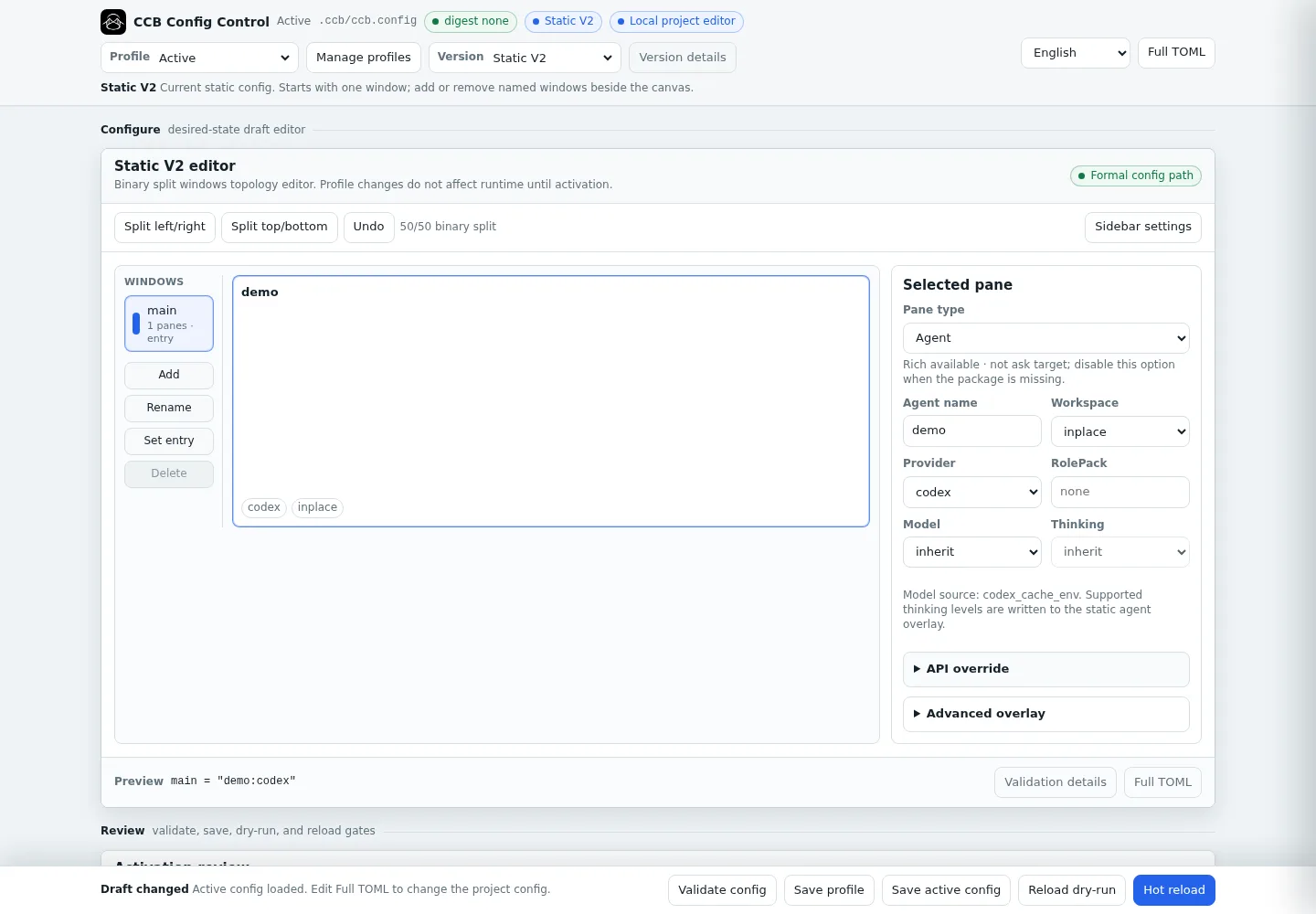 CCB's Config Control browser panel: a windows list, a binary split topology editor with a demo pane selected, and a selected-pane form setting pane type, agent name, workspace, provider, RolePack, model and thinking level, with validate, save and hot reload buttons