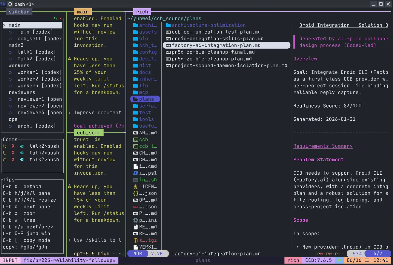 CCB in Rich mode: agent sidebar and two agent panes on the left, a Yazi file tree of the project's plans directory in the middle, and a rendered Markdown plan document on the right
