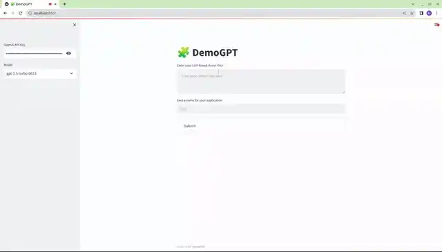 Screen recording of the DemoGPT Streamlit interface: an OpenAI key and model in the sidebar, the idea 'Create a system that can generate medium blog post from website' named Web Blogger, stage-by-stage progress messages, and the generated LangChain and Streamlit code