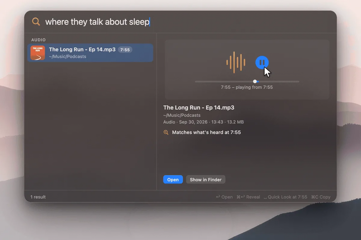 DigUp search panel with the query "where they talk about sleep" matching a podcast MP3 and playing it from 7:55