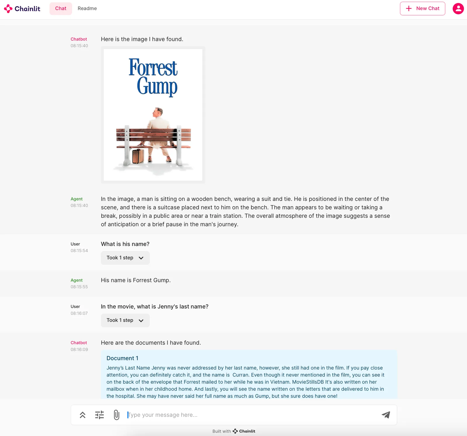 The fastRAG chat demo in Chainlit: the chatbot shows a retrieved Forrest Gump poster, the agent describes the image and answers follow-up questions, and a retrieved text document about Jenny's last name is displayed
