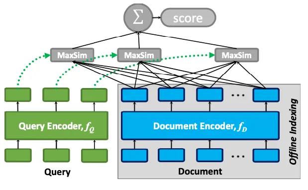 Diagram of ColBERT late interaction: a query encoder and a document encoder produce per-token vectors, MaxSim operations match each query token to document tokens, and the results are summed into a score, with document encoding done offline