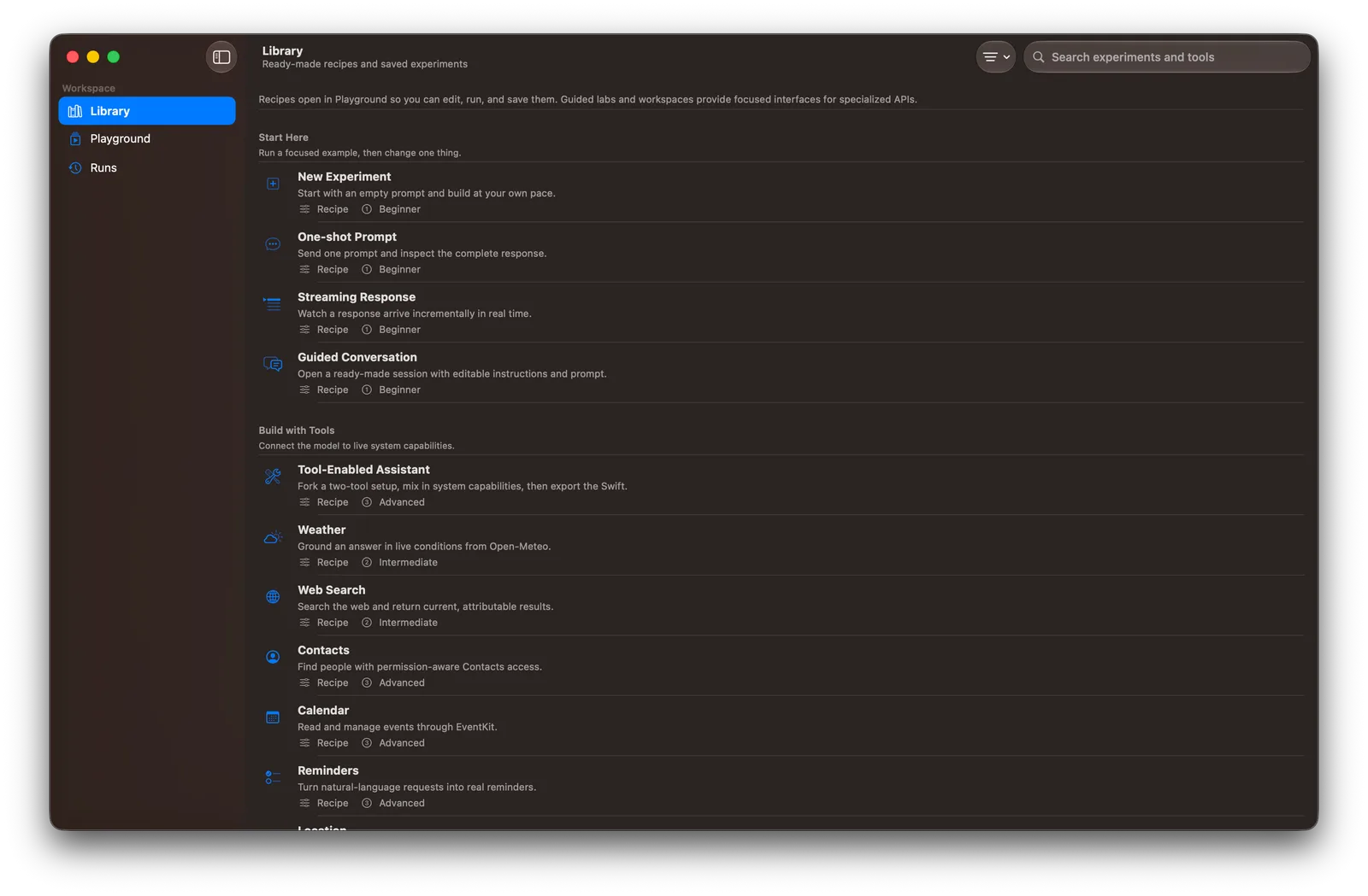 Foundation Lab for macOS showing the Library with ready-made recipes such as One-shot Prompt, Streaming Response and tool examples like Weather and Web Search