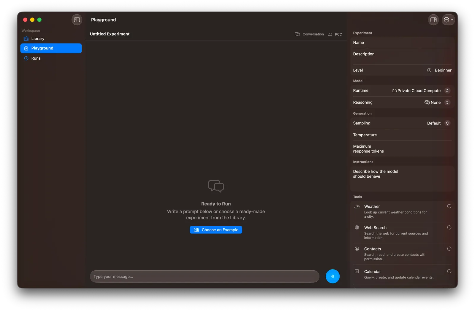 Foundation Lab Playground on macOS with runtime, reasoning, sampling, instructions and tool toggles in the right-hand panel