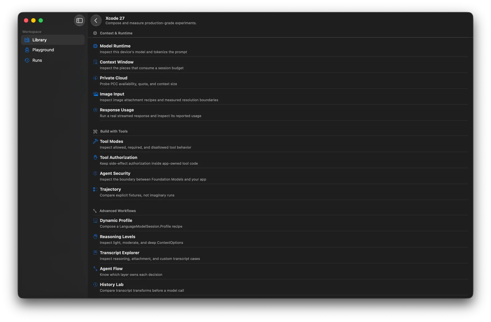 Foundation Lab Xcode 27 workshop listing labs for model runtime, context window, Private Cloud Compute, image input, tool modes and agent security