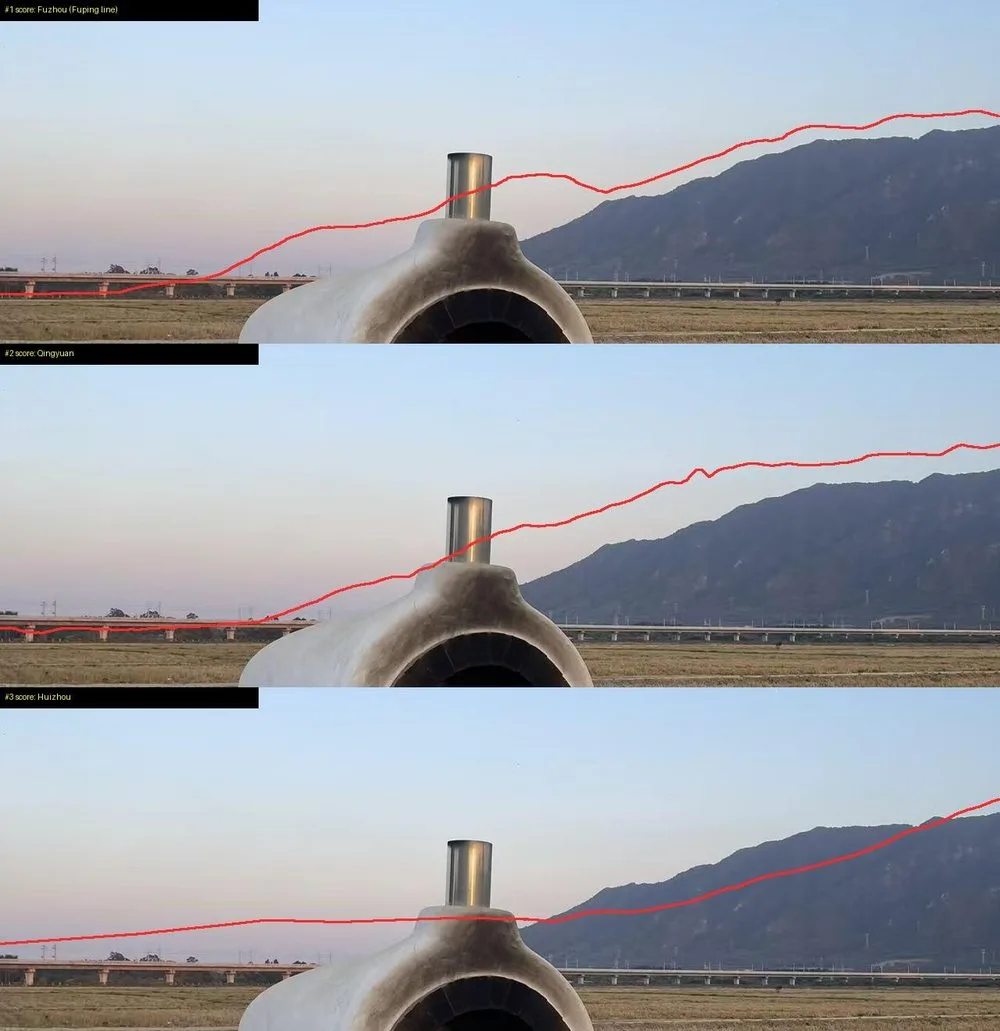 Three candidate ridge lines from elevation data drawn in red over the same photo for Fuzhou, Qingyuan and Huizhou