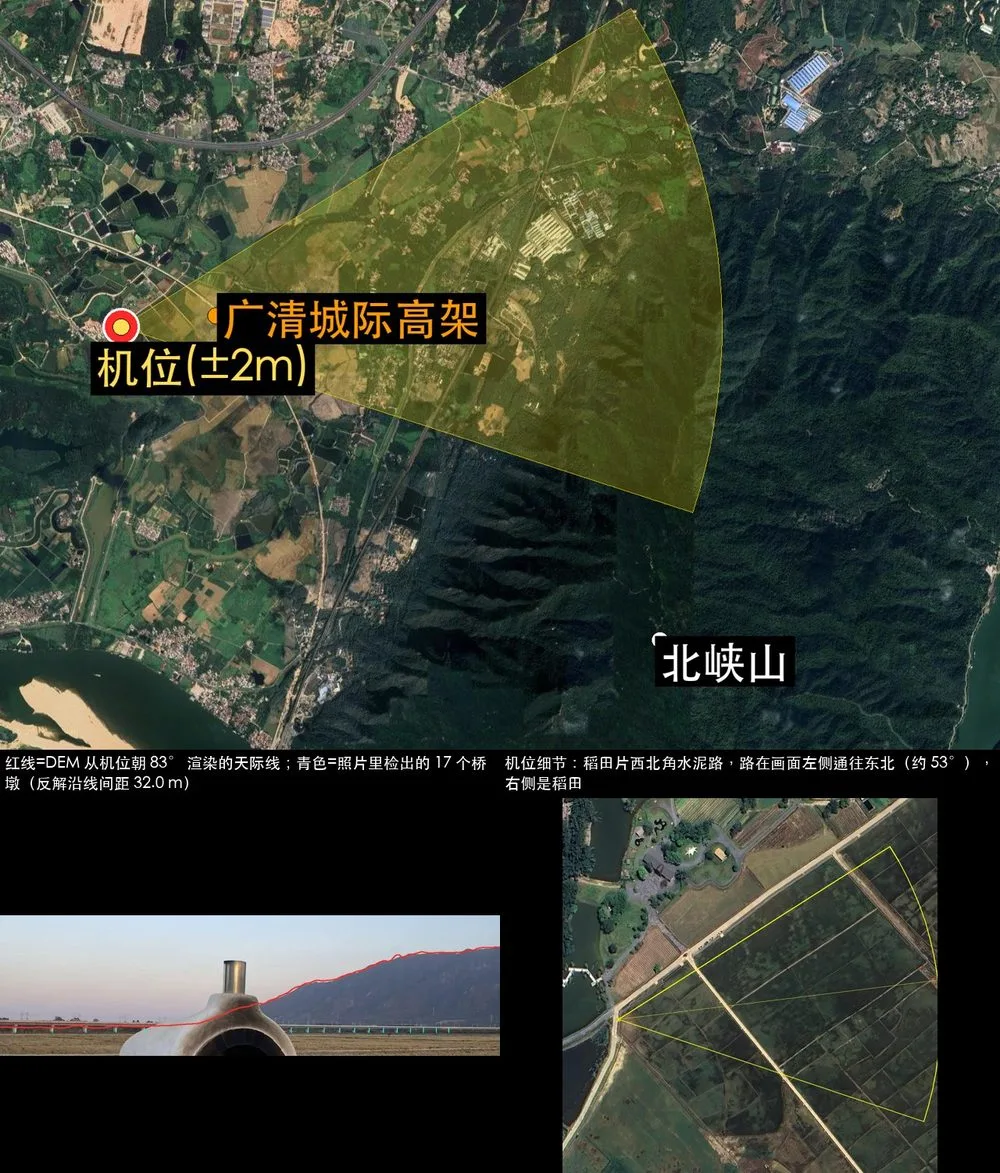 Evidence image: satellite map with the camera position marked at plus or minus 2 m, its field of view toward the viaduct and mountain, and a skyline overlay