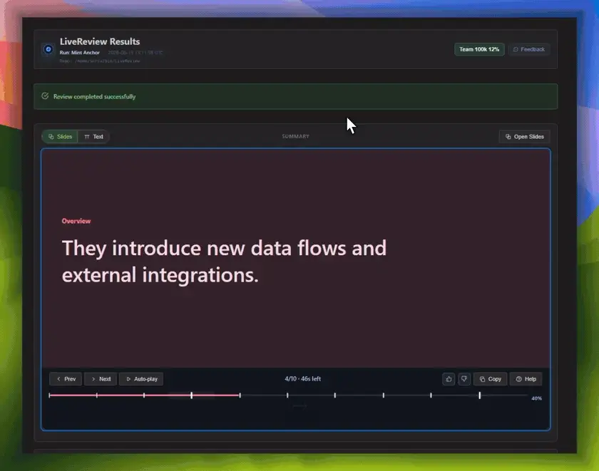 A git-lrc LiveReview Results page playing the review's summary slide deck, on a slide reading They introduce new data flows and external integrations