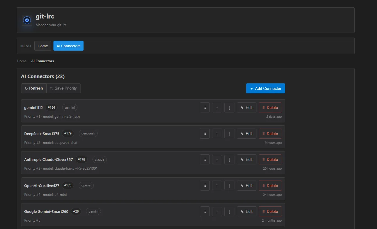 The git-lrc local UI's AI Connectors page listing Gemini, DeepSeek, Claude and OpenAI connectors in priority order with edit and delete buttons