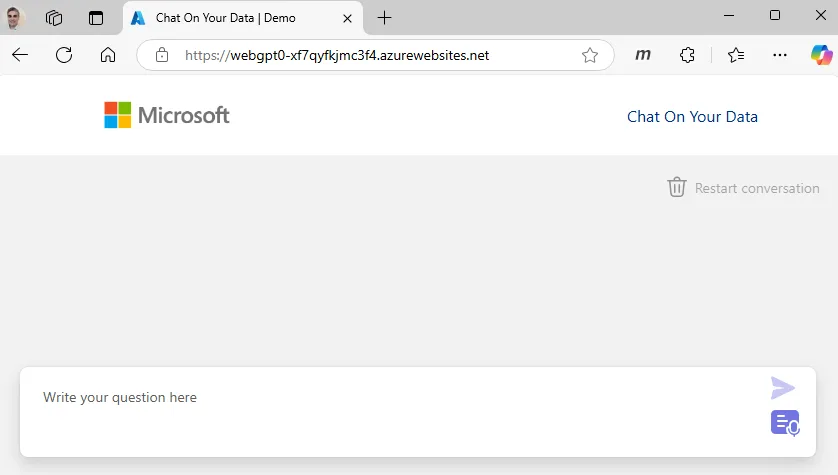 The GPT-RAG web UI in a browser: a Chat On Your Data page with a Restart conversation button and a Write your question here input box.