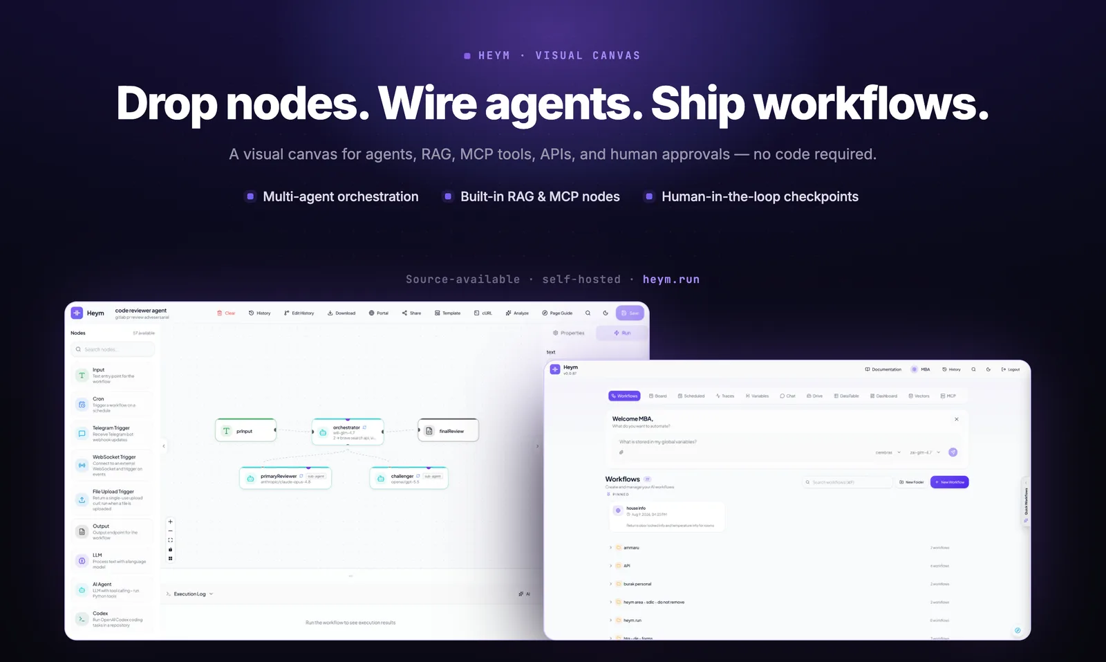 Heym's visual canvas with an orchestrator agent wired to two sub-agents, next to the workflows dashboard
